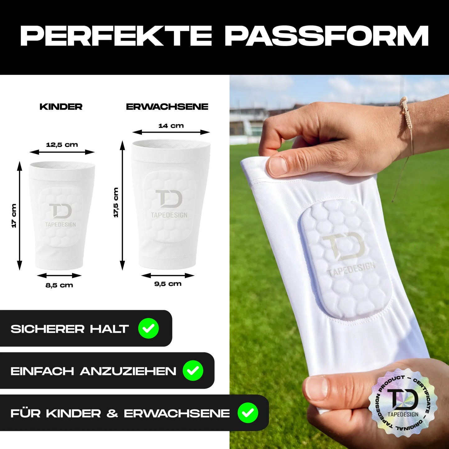 Tapedesign Schienbeinschoner Sleeve in Weiß, elastischer Schienbeinschutz für Fußball oder Sport, nahtlos und bequem.