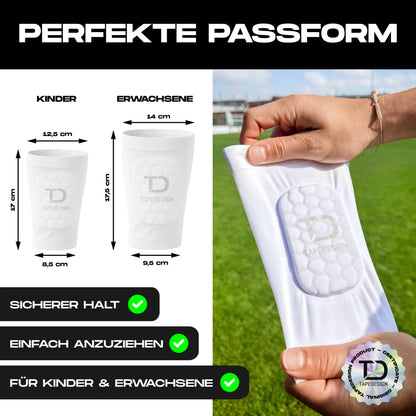 Weißer Tapedesign Schienbeinschoner Sleeve für Kinder, elastischer Schutz für Fußball- oder Sportschienen.